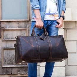 Duffel Bags Mens Genuine Leather Travel Bag Big Capacity Durable Crazy Horse Cow Large Shoulder Weekend Luggage Handbag