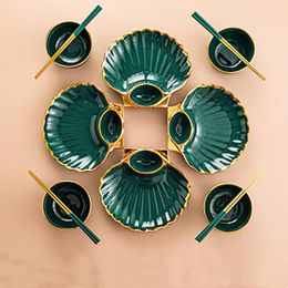 Plates Green Gold Rim Ceramic Dinner Plate Shell Breakfast Snack Dumpling Dishes Salad Noodle Bowl Soup Chopsticks Tableware Set
