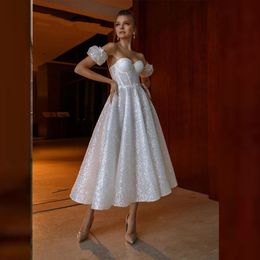 2023 Sexy Sweetheart Sequin Summer Wedding Dress With Detachable Short Sleeves Tea-Length Gittler Sheer Back Vestidos De Novia