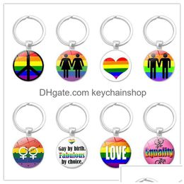 Key Rings Fashion Gay Lesbian Pride Sign Keychains For Women Men Men Rainbow Color Glass Glas Gemstone Charm Chains LGBT Sieraden Accessoires DHSC6