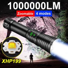 Flashlights Torches New High Power LED Flashlights With Zoom 1000000LM Torch Light Powerful XHP199 Tactical Flashlight Rechargeable Power Bank Light 0109