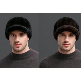 Men's Real Mink Fur Hat Winter Warm Peaked Cap Headwear Outdoor Hunting