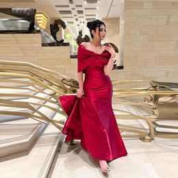 Dark Red Evening Dresses Off The Shoulder Knotted Mermaid Prom Gown Satin Simple Cape Sleeve Celebrity Wears 326 326