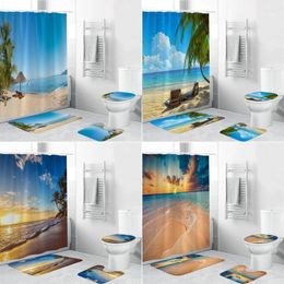 Shower Curtains Dusk Coast Beach Chair Bathroom Set Sea Ocean Anti-skid Rugs Toilet Lid Cover Bath Mat Sets Home Decor1
