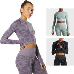 Yoga Outfit Clothes Camouflage Jacquard Seamless Long-sleeved Fitness Sport