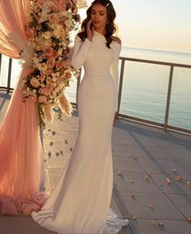 2023 Elegant Mermaid Wedding Dresses Satin One Shoulder Pearls Beads A Line Long Sleeves Sweep Train Formal Plus Size Bridal Gowns