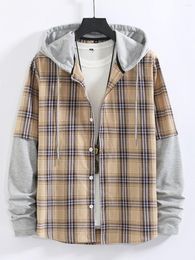 Men's Casual Shirts Men Autumn And Winter Plaid Print Shirt Patchwork Long Sleeve Hooded Collar Social Dress Hip Hop Cardigan Coat