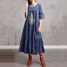 Party Dresses SeeBeautiful Simple O Neck Flare Sleeve Ruffles Embroidery Loose A-line Denim Dress Woman Summer 2023 Fashion T388