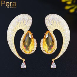 Dangle Earrings Pera Unique Yellow CZ Topaz Pure 925 Gold Color Long Big Waterdrop Drop For Women Statement Fashion Jewelry E703 & Chandelie