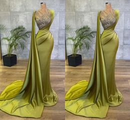 Elegant Green Mermaid Evening Dresses Long for Women Sheer Jewel Neck Sequined Satin Floor Length Formal Birthday Clelbrity Special Occasion Party Prom Dresses