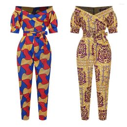 Ethnic Clothing Fashion African Print Sexy One-line Collar Medium Sleeve Jumpsuit With Belt Pants Dashiki Top