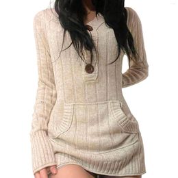 Casual Dresses Women Knitting Long Sleeve Hood Solid Colour Front Pockets Club Party Wrapped Short