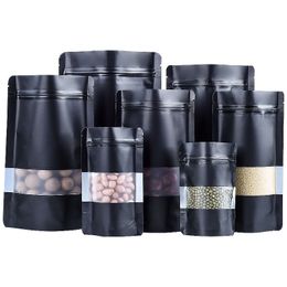 Black Matte Standing Up Packaging Bags with Clear window Dry Food Storage Package Pouches Aluminum Foil Packing Bag