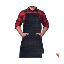 Aprons Kitchen Denim Apron Men Women With Pocket Chefs Cooking Adjustable Baking Black Blue Simple Uniform Water Proof Dropship Drop Dhf8V