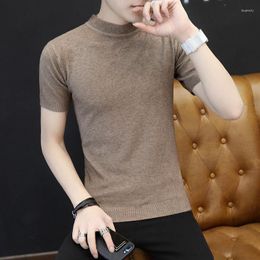 Men's T Shirts 2023 Fashion Men Short Sleeve Half High Collar Slim Fit T-shirt Autumn Male Solid Color Tees Tops Knitted Pullover B50