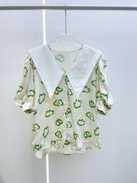 Women's Blouses The Summer 2023 Printing Green Lips Small Coat Lapels 0414