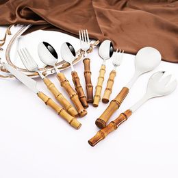 Dinnerware Sets Bamboo Handle Silver Flatware Set 6Pcs Dinner Knife Fork Tea Spoon Cutlery 304 Stainless Steel Western Tableware