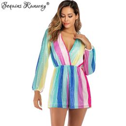 Women's Jumpsuits Sexy Long Sleeve Summer Bodysuit Women Stripe Sequins Playsuit Woman Jumpsuit Short Night Club Party Romper Fashion