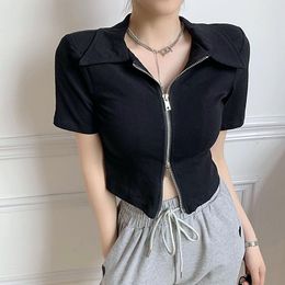 Women's T Shirts Summer Cotton Double Zipper Cardigan Solid Short Jacket Skinny Navel Lapel Shoulder Pads Long Sleeve TopWomen's