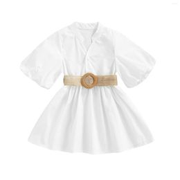 Girl Dresses Sweet Infant Kids Baby Girls Princess Dress Solid Colour Short Puff Sleeve Summer Casual Button With Belt