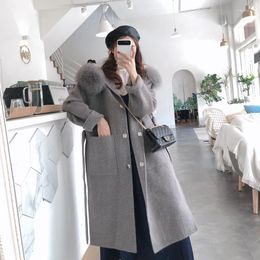 Women's Fur 2023 Winter Ladies Wool Coats With Natural Hood Long Big Pockets Outerwear Streetwear Mujeres Abrigos