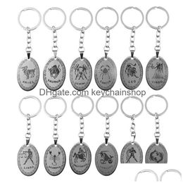 Key Rings 12 Constellations Stainless Steel Keychains Pisces Aries Leo Virgo Pendant Chain Vintage Zodiac Sign Holder Gift For Drop Dhf9Q