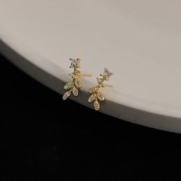 Stud Earrings S925 Sterling Silver 14K Gold Plated Zircon Leaves Korean Flower Plant