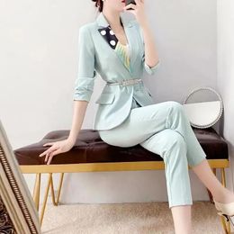 Women's Two Piece Pants Green Suits Female Summer Casual Fashion Thin Style Design Niche Professional OL Women Two-Piece Sets