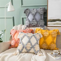 Pillow Pink Yellow Embroidery Cover Tassels Home Decor 45x45cm Beige Grey Geometric Sofa PillowCase Sham