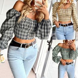 Women's Polos Women Button Up Tops Slim Elegant Vacation Shirts Deep U-Neck Bell Sleeve Blouse Babydoll Summer Casual Plaid Shirt