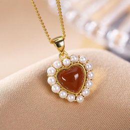 Pendant Necklaces Pure S925 Sterling Silver Natural Pearl Agate Heart O Link Necklace