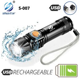 Flashlights Torches Powerful LED Flashlight With Tail USB Charging Head Zoomable waterproof Torch Portable light 3 Lighting modes Built-in battery 0109