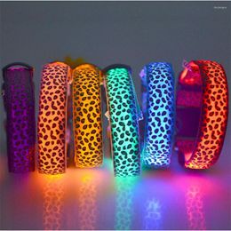 Dog Collars 100pcs Adjustable LED Light Glow Pet Collar Leopard Nylon Cat Night Safety Luminous Flashing Necklace Glowing Neck Belt