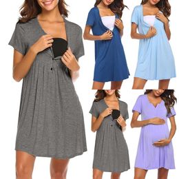 Maternity Dresses 2023 Nightdress For Pregnant Women O-Neck Solid Buttons Short Sleeve Dress Pregnancy Clothing Nightgown