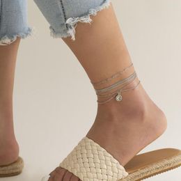 Anklets Women Summer Grid Strap Chain Anklet Foot Ornaments Joker Geometric Crystal Pendant Bracelets For Gift Ankle