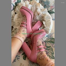 Dress Shoes Lady Pink Elegant Mary Jane Chunky Heel Duble Strap High Heels Summer Daily Cover Fashion Footwear Size43