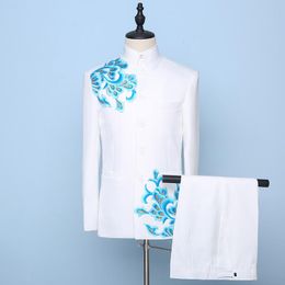 Men's Suits & Blazers Elegant Blue Embroidered Chinese Tuniek Single Breasted Stage Chorus Costume Tang Suit Men