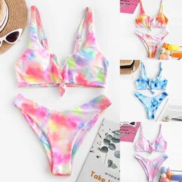 Women's Swimwear 2023 Women 2PCS V-neck Push Up High Waist Thong Summer Sexy Swimsuit Colourful Printing Solid Underwear Set Belted Bikini