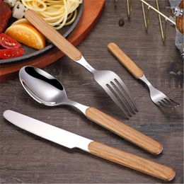 Dinnerware Sets Portable Wooden Handle Set Stainless Steel Plated Silver Knife Fork Tableware Cutlery With Plastic Box