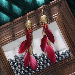 Dangle Earrings Women's Handmade Long Chain Feather Jhumka Jewellery Gold Metal Round Flower Carved Hangers & Chandelier