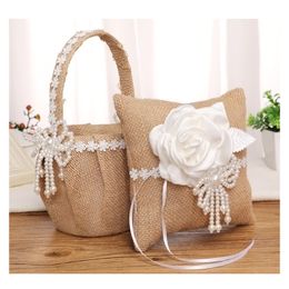 Linen Wedding Flower Basket Ring Pillow Set with Satin Rose Pearl Elegant Bride Girl Baskets H-5713B Party Supplies