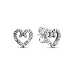 Real Sterling Silver Heart Swirl Stud Earrings for Pandora CZ Diamond Wedding Jewellery For Women Love Hearts Girlfriend Gift designer Earring with Original Box