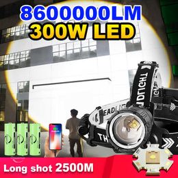 Flashlights Torches 1Pcs/2Pcs 8600000LM 300W Rechargeable Headlamp Long Distance Powerful Head Flashlight Zoom Front Led Head Torch Camping Lanterns 0109