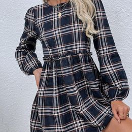 Ethnic Clothing 2023 European And American Plaid Skirt Casual Loose Long-sleeved Waist Pleated Dresses For Women