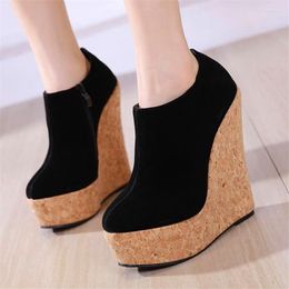 Dress Shoes Brand Design Women Platform Wedges Solid Flock Round Toe High Heels Pumps Woman Autumn Black Sexy Zip Size 35-42