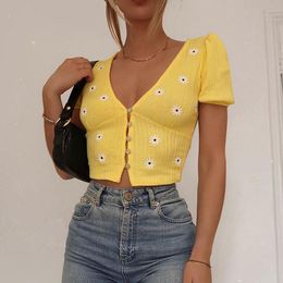 Camicie da donna 2023 Summer Women Crop Tops Bottoni sexy Stampato cardigan a maglia gialla a manica corta bassa cassa in stile coreano topwomen's
