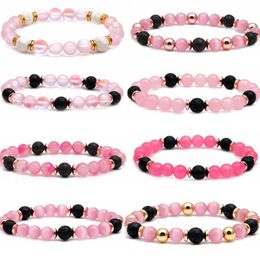 Rose Quartz Stone Pink Opal Glass Beads Strand Bracelet for Women Girl Jewellery