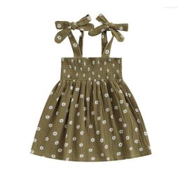 Girl Dresses Baby Girls Casual Summer Dress Floral Print Sleeveless Skirt With Tie-up Shoulder Straps Army Green Beige Children's