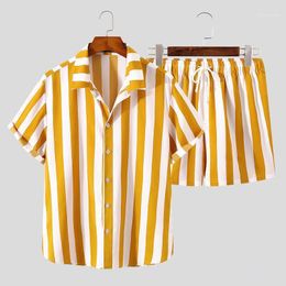 Men's Tracksuits Striped Printed Hawaiian Suit Button Short Sleeve Shirt&Beach Shorts Casual Streetwear 2-piece Set S-3XL 2023 Summer