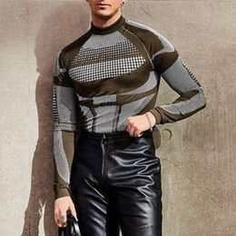 Men's TShirts Fashion Men Tight Tee Streetwear Arrival Long Sleeve Basic Tops Clothes Stand Collar Slim Patchwork Pullover 230109